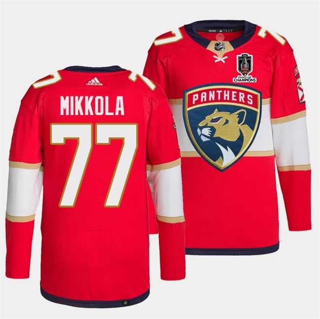 Men%27s Florida Panthers #77 Niko Mikkola Red Home 2024 Stanley Cup Champions Stitched Jersey Dzhi